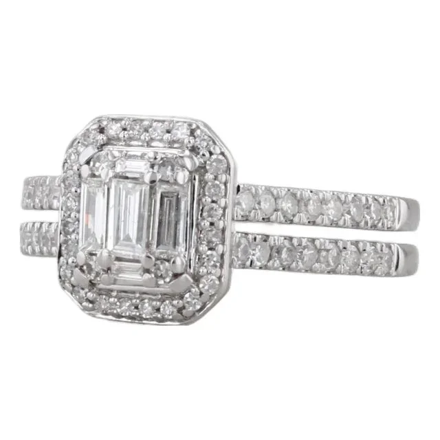 0.64ctw Diamond Halo Engagement Ring 14k White Gold Double Cathedral Band