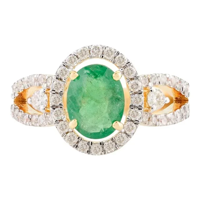 1.01 Cts Oval Emerald & Diamond Wedding Ring Size 6.5