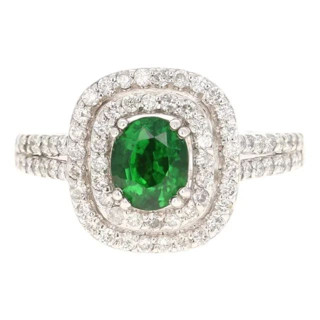 1.70 Carat Tsavorite Diamond 14 Karat White Gold Halo Engagement Ring, Size 7