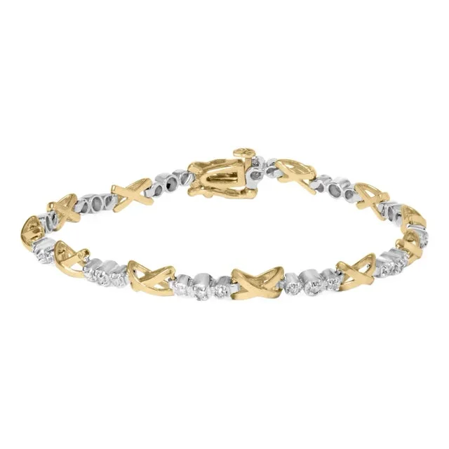 10K Two-Tone Gold 1/2 Cttw Diamond Alternating 3 Stone and X-Link 7″ Bracelet (I-J Color, I2-I3 Clarity)