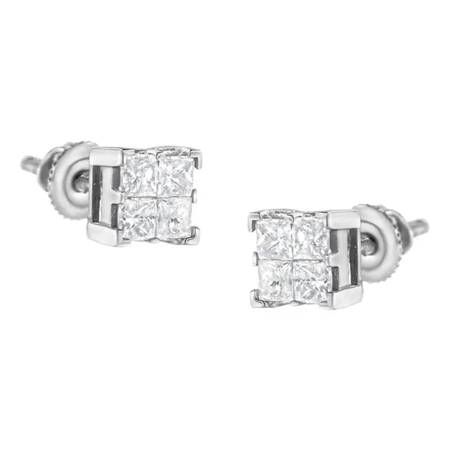 10K White Gold 3/4 Cttw Invisible Set Princess-Cut Diamond Composite Square Stud Earrings (H-I Color, SI2-I1 Clarity) – 2 Pieces