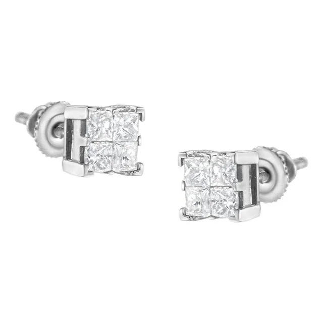 10K White Gold 3/4 Cttw Invisible Set Princess-Cut Diamond Composite Square Stud Earrings