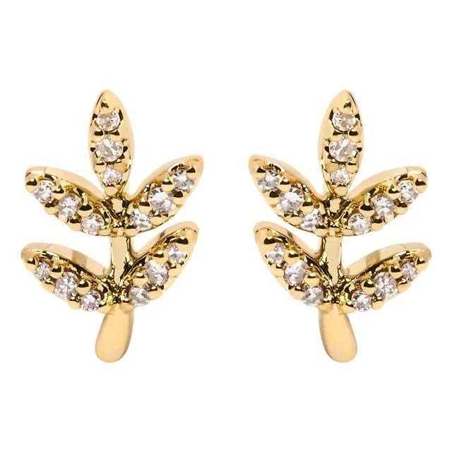 10K Yellow Gold 1/10 Cttw Diamond Accented Leaf and Branch Stud Earrings (H-I Color, I1-I2 Clarity)