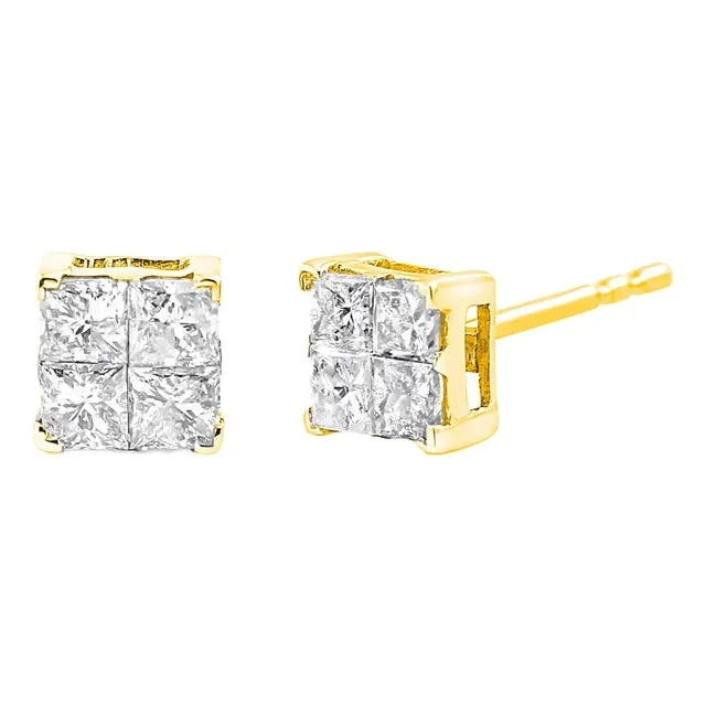 10K Yellow Gold Plated .925 Sterling Silver 1.0 Cttw Princess-Cut Diamond Composite Multi Stone Stud Earrings