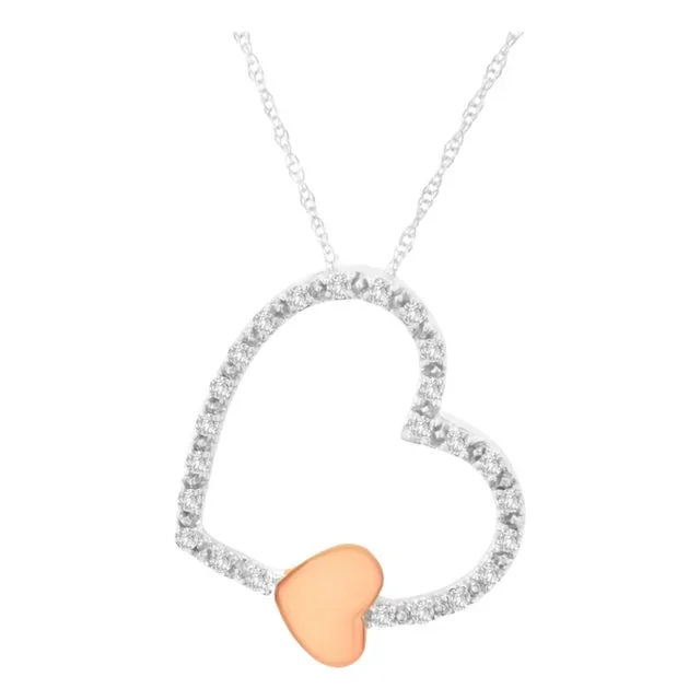 10KT Two Tone Gold 1/6 cttw Diamond Floating Heart Pendant Necklace