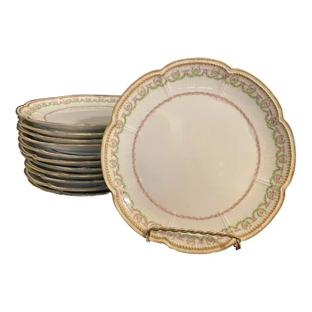 12 Antique Limoges Salad or Dessert Plates Roses With Gold