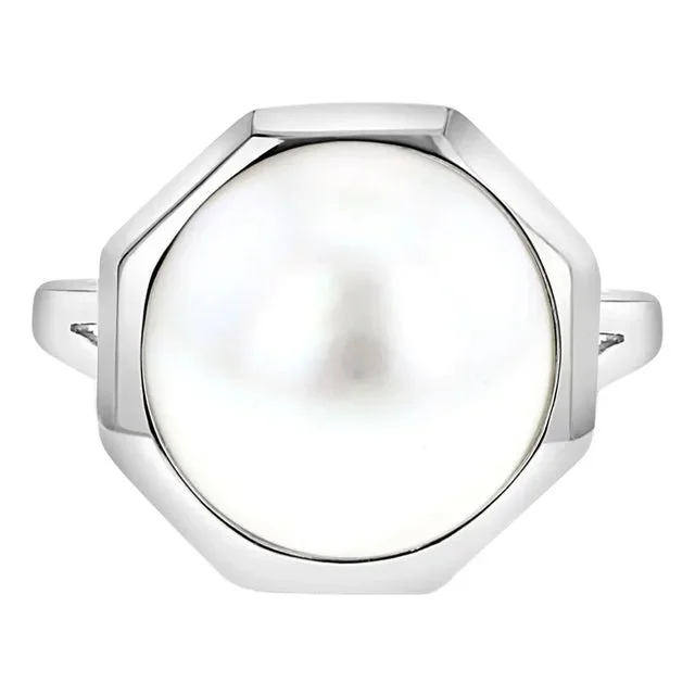 13MM Octagon Shaped Mabe Pearl Ring 14k White Gold, Size 8