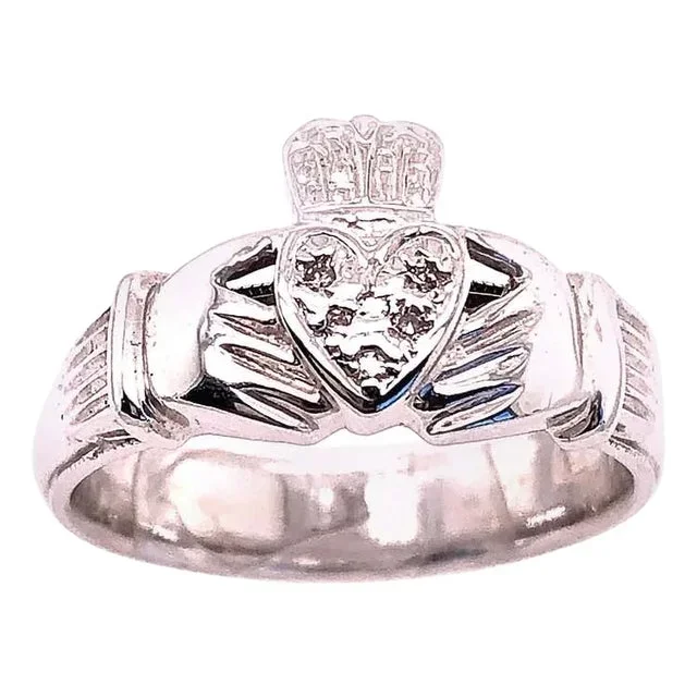 14 Karat White Gold Claddagh Diamond Ring