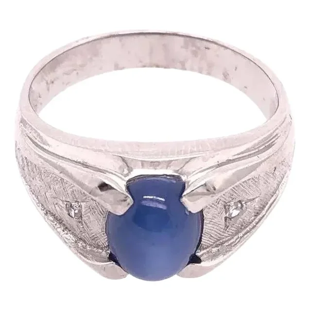 14 Karat White Gold Oval Sapphire Cabochon Ring With Diamond Accents
