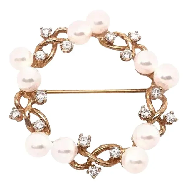 14 Karat Yellow Gold Diamond and Pearl Circle Brooch