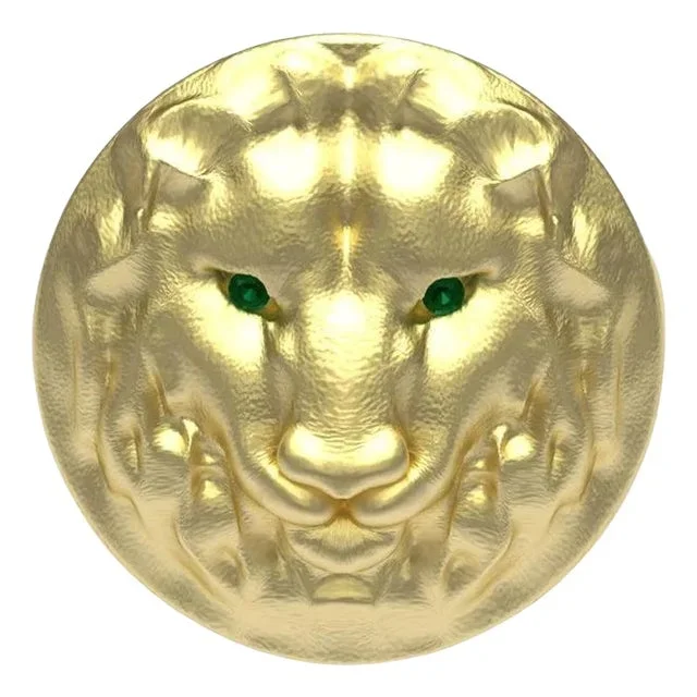 14 Karat Yellow Gold Leo Lion Head Signet Ring with Tsavorites