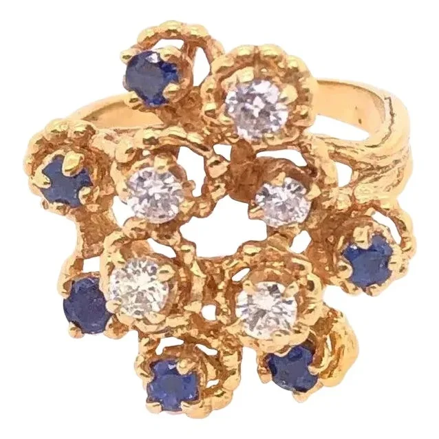 14 Karat Yellow Gold Sapphire and Diamond Cluster Ring