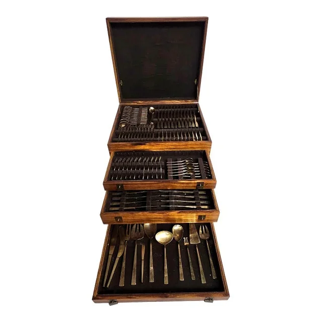 147-Piece Nickel Bronze Flatware Set in Fitted Teak Case, Mid 20th Century