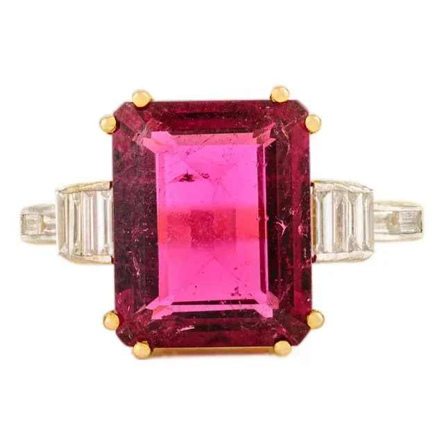 14k Gold Art Deco Tourmaline Baguette Diamond Ring Size 5.5