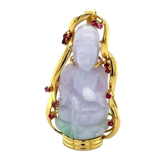 14k Gold Carved Lavender Jade Buddha Pendant Necklace