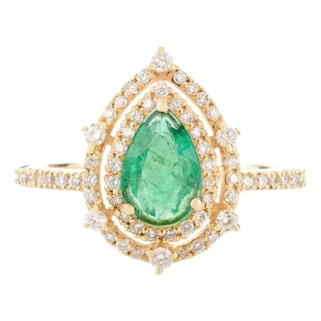 14k Gold Pear Cut Emerald Double Halo Diamond Engagement Ring Size 6
