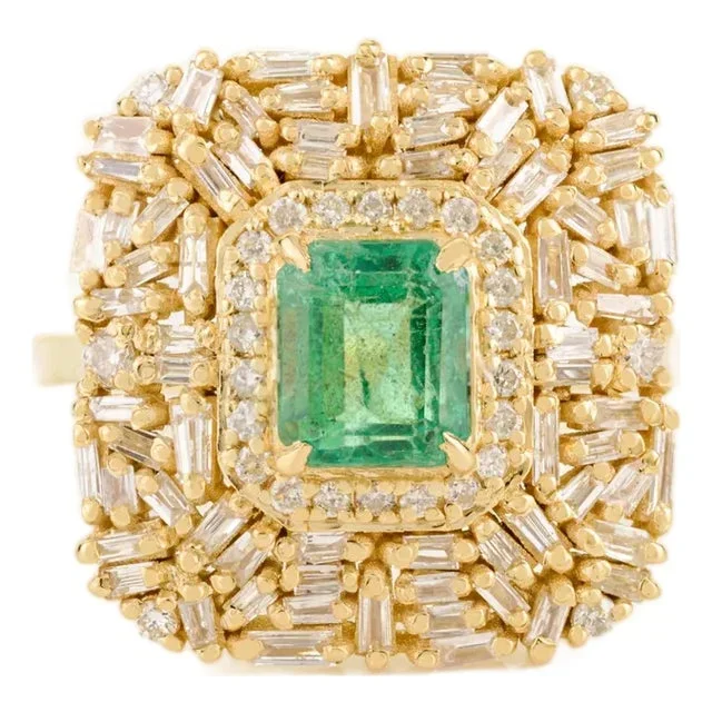 14k Gold Vintage Cocktail Ring With Emerald & Diamonds Size 7