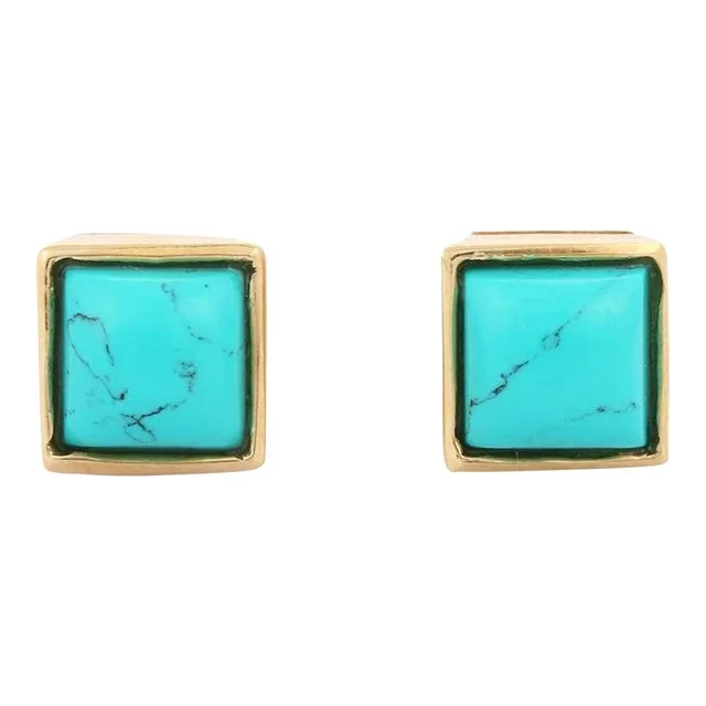 14k Modern Square Shape Turquoise Gemstone Stud Earrings- 2 Pieces