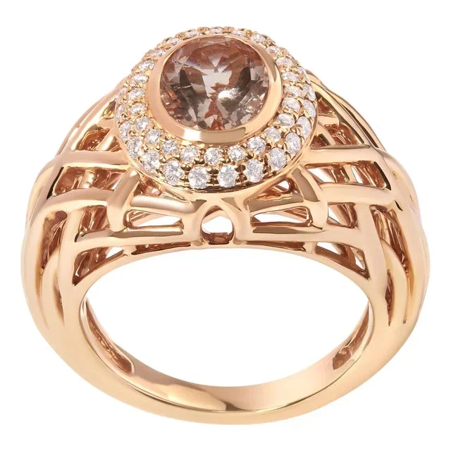 14K Rose Gold Oval Cut Light Pink Morganite and 3/8 Cttw Diamonds Halo and Basket Weave Cocktail Ring (G-H Color, SI1-SI2 Clarity) – Size 7