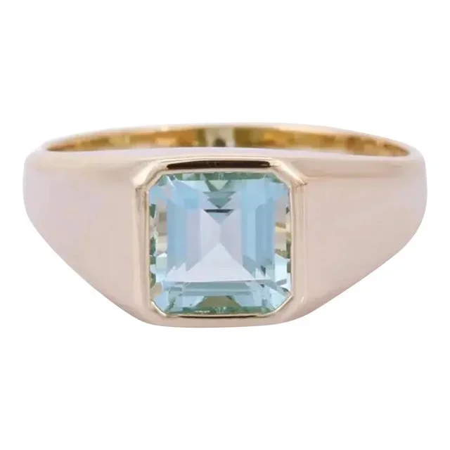 14k Solid Yellow Gold Natural Aquamarine Gemstone Ring Size 10