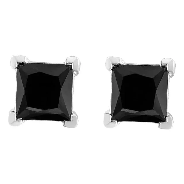 14K White Gold 3/4 Cttw Princess-Cut Treated Black Diamond Classic 4-Prong Stud Earrings with Push Backs (Fancy Color-Enhanced, I2-I3 Clarity)