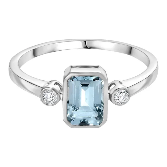 14k White Gold Aquamarine Diamond Three Stone Ring Size 5.5