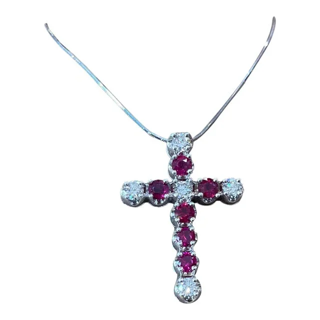 14k White Gold Diamond & Ruby Cross Pendant Necklace