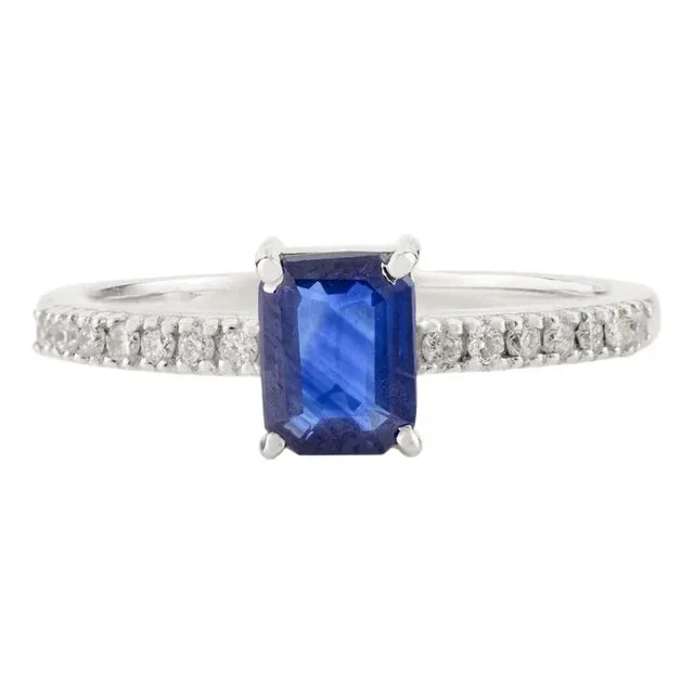 14k White Gold Modern Engagement Sapphire Diamond Ring Size 6.5