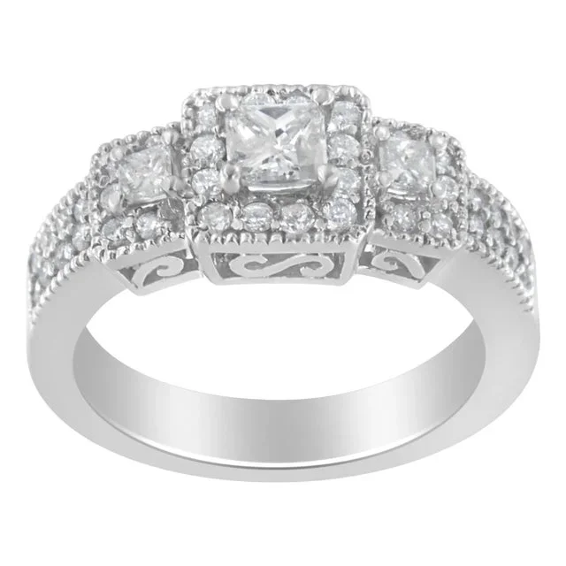 14K White Gold Round and Princess-Cut Diamond Three Stone Ring (1 Cttw, H-I Color, I1-I2 Clarity) – Size 8