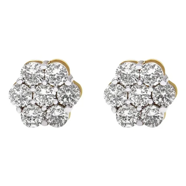 14K Yellow Gold 2.0 Cttw Diamond Floral Cluster Stud Earring with Screw Back