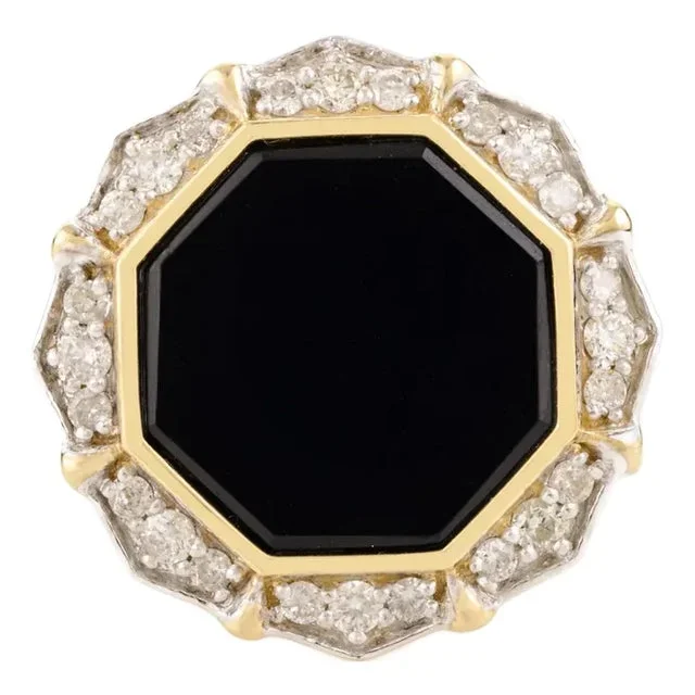 14k Yellow Gold Black Onyx Halo Diamond Cocktail Ring Size 6