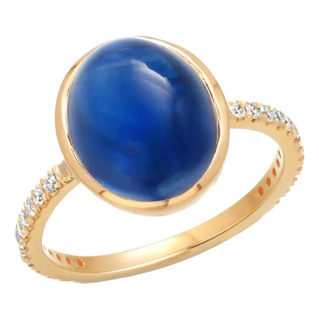 14k Yellow Gold Cocktail Ring Featuring 9 Carat Ceylon Cabochon Sapphire Diamond