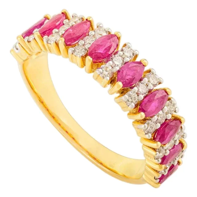 14k Yellow Gold Marquise Ruby and Diamond Chunky Ring Size 7