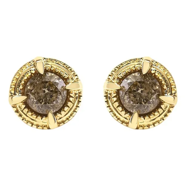 14K Yellow Gold Plated .925 Sterling Silver 1/2 Cttw Round Brilliant Cut Diamond Solitaire Milgrain Stud Earrings – 2 Pieces