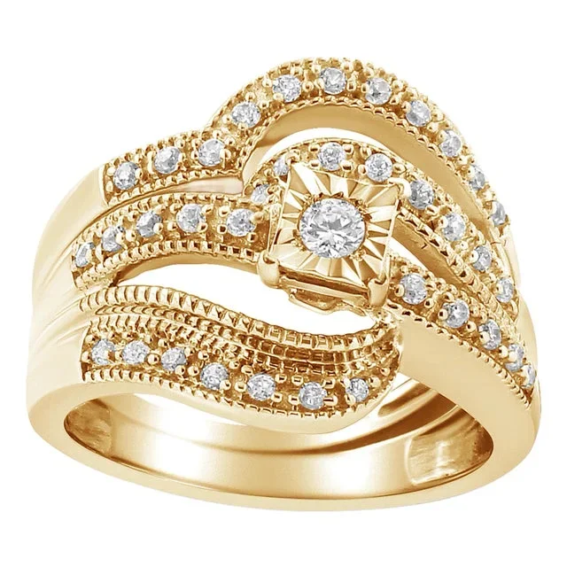14K Yellow Gold Plated .925 Sterling Silver 1/3 Cttw Round Diamond Crisscross Engagement Ring Bridal Set (H-I Color, I1-I2 Clarity ) – Size 5