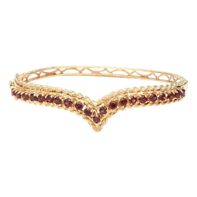 14KY Vintage Garnet(2.75) Chevron Hinged Bangle Bracelet