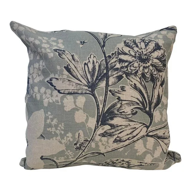 16” Square Pillow With. Batik-Like Blue Floral Print – Made in U K
