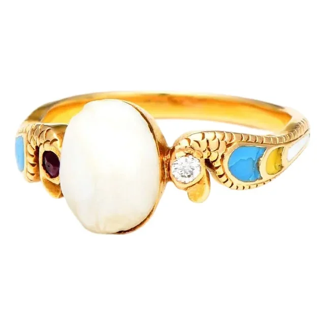 16KY Serpent Natural Pearl & Multi-Gemstone Ring, size 6.5