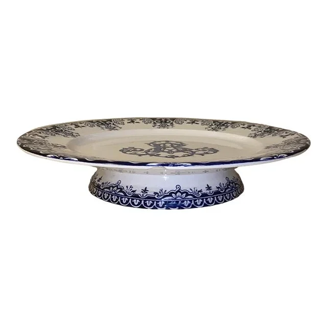 1800s Jules Vieillard & Cie Monogrammed Blue and White Cake Plate