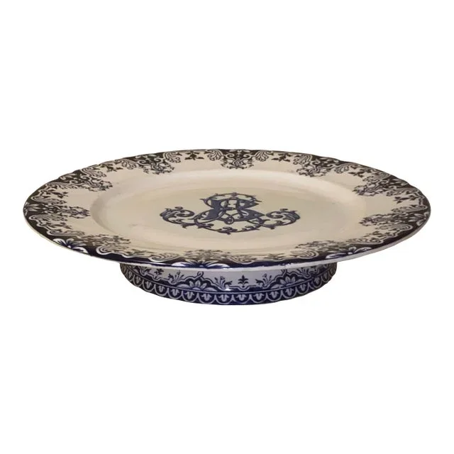1800s Jules Vieillard & Cie Monogrammed Blue and White Cake Plate