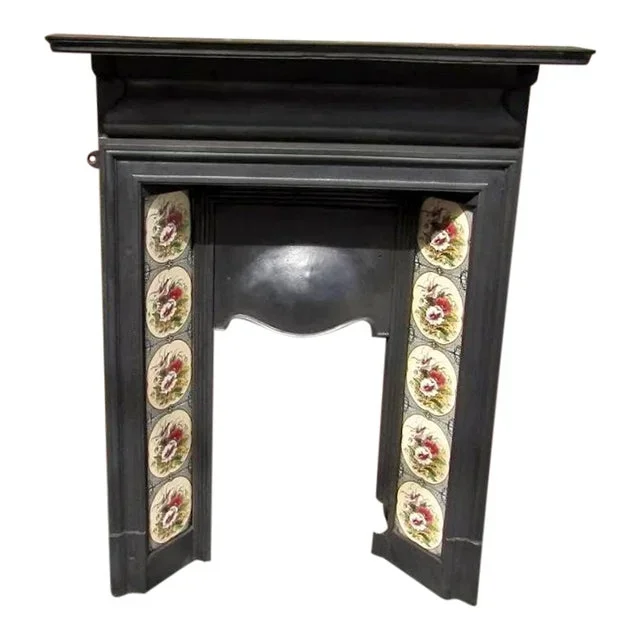 1880’s Antique English Victorian Cast Iron Tile Combination Fireplace