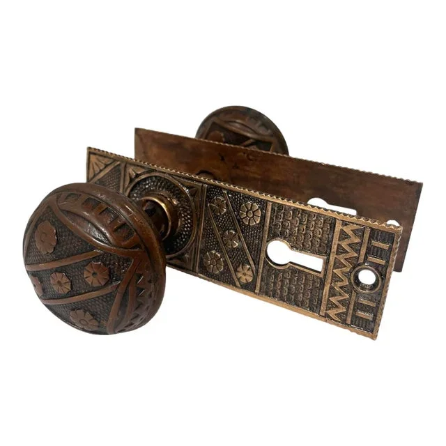 1880s American Bronze Door Knobs With Door Plates – 5 Pieces