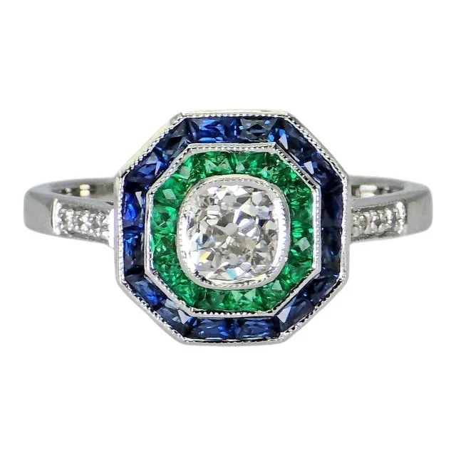 18k (750) White Gold Cushion Shape Natural Diamond Sapphire Emerald: Ring
