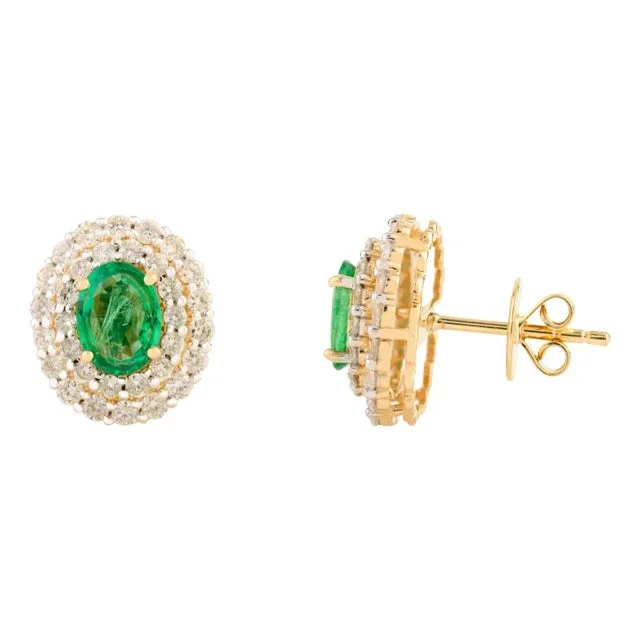 18k Double Halo Natural Emerald Green Stud Earrings- A Pair