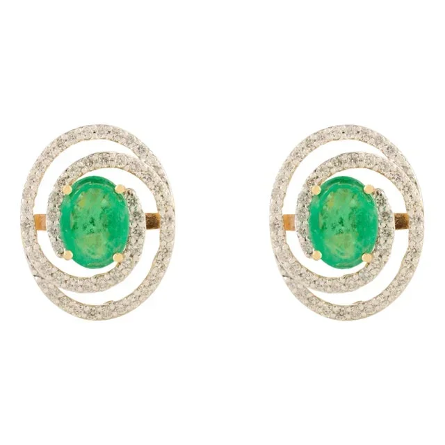 18k Gold Classic Green Emerald Halo Diamond Stud Earrings- 2 Pieces