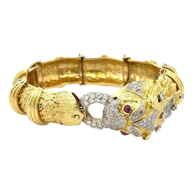 18k Large Diamond Ruby Dragon Head Door Knocker Flex Dome Link Bracelet