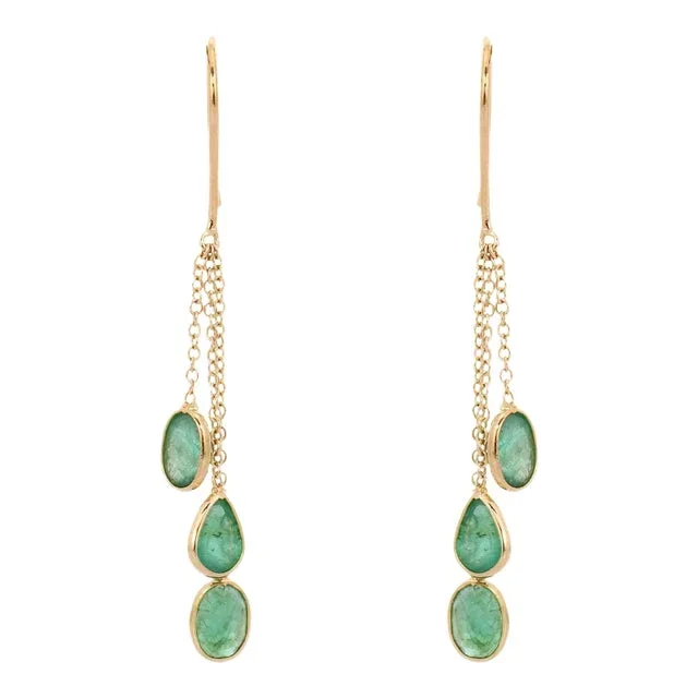 18k Solid Yellow Gold Precious Emerald Stone Chain Earring – 2 Pieces