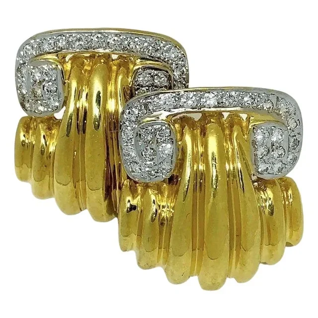 18k Yellow Gold and Diamond Scroll Top Earrings