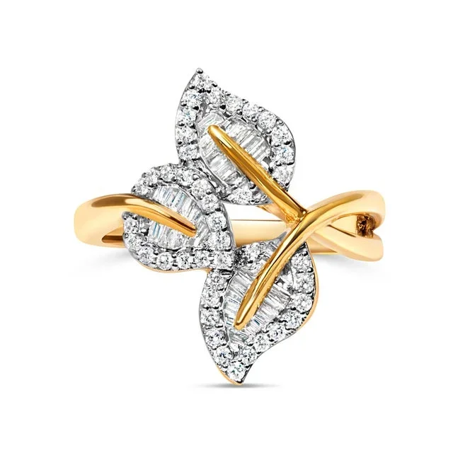 18K Yellow Gold Plated .925 Sterling Silver 1/2 Cttw Baguette and Round Diamond Bypass Triple Leaf Ring (I-J Color, I1-I2 Clarity) – Size 9