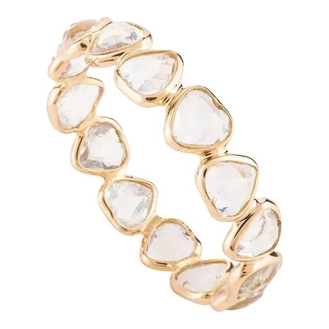 18k Yellow Gold Stackable Heart Cut Rainbow Moonstone Eternity Band Ring Size 9.5